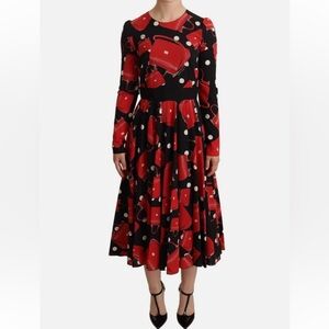 DOLCE & GABBANA Dress Black Sicily Bag Print Flared Midi IT36